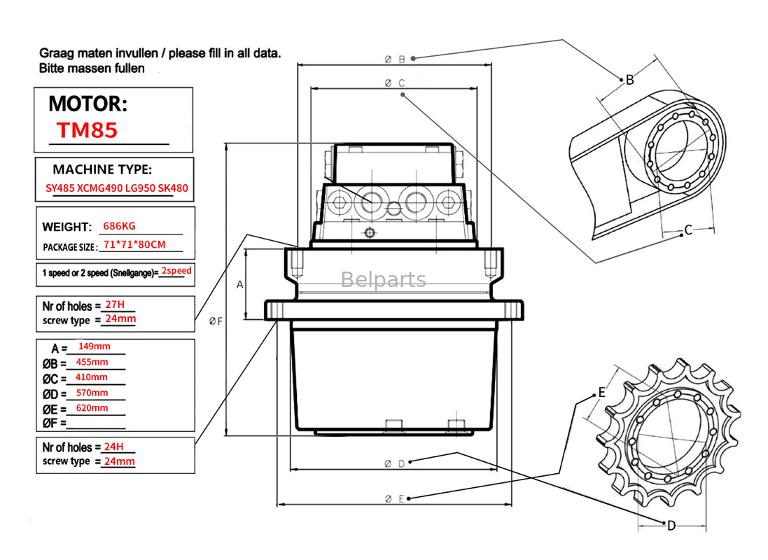 Parties de l'excavatrice moteur de déplacement Assy TM85 SY485 XCM490 LG950 SK480 Assy à entraînement final pour kobelco sany