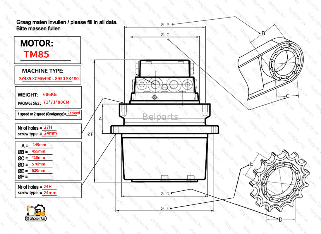Parties de l'excavatrice moteur de déplacement Assy TM85 SY485 XCM490 LG950 SK480 Assy à entraînement final pour kobelco sany